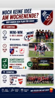 ⚽️🏆 Noch keine Idee fürs Wochenende?

Dann haben wir den perfekten Plan für euch! 👇

Samstag 20.06. 

⚽ 10:00 Uhr | Mini-WM der G- bis E-Jugend
📍 Sportplatz Seulingen

🏆 14:30 Uhr | Kreispokal-Finale der B-Jugend
🆚 SG Reinhardshagen/Bonaforth
📍 Stadion am Sandweg

🎉 Ab 16:30 Uhr | Schützenfest in Landolfshausen
🍻 Kühle Getränke, leckeres Essen und beste Stimmung

📺 22:00 Uhr | Public Viewing
🇩🇪 Deutschland 🆚 Elfenbeinküste

Sonntag 21.06. 

🏆 15:00 Uhr | Kreispokal-Finale der 2. Herren
🆚 SV Holtensen
📍 Eisdorf

🍟🌭 An allen Veranstaltungen ist für Verpflegung und kühle Getränke gesorgt!

Kommt vorbei, unterstützt unsere Teams und verbringt mit uns ein sportliches Wochenende voller Fußball, Spannung und guter Stimmung! 🔴🔵

#JSGRadolfshausen #Kreispokal #Pokalfinale #MiniWM #landolfshausen