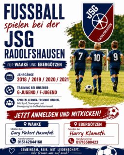 ⚽️ Fußball spielen bei der JSG Radolfshausen! ⚽️

Du hast Lust auf Bewegung, Teamgeist und neue Freundschaften? Dann komm zu uns auf den Fußballplatz! 

Wir suchen Kinder der Jahrgänge 2018, 2019, 2020 und 2021 für unsere G- und F-Jugend in Waake und Ebergötzen. 

🌟 Spielen
🌟 Lernen
🌟 Freunde finden
🌟 Gemeinsam wachsen

Bei uns stehen Spaß am Fußball, Fairness und Teamgeist im Mittelpunkt. Werde Teil unserer Fußballfamilie und erlebe spannende Trainingseinheiten und viele tolle Momente auf dem Platz!

📍Jetzt anmelden und mitkicken!

➡️Für Waake:
Meldet euch bei Gary Pinkert Hasenfuß
📞 015142844168 

➡️Für Ebergötzen:
Meldet euch bei Harry Klameth
📞 01716580423 

💙❤️Gemeinsam. Fair. Mit Leidenschaft.❤️💙

Wir freuen uns auf euch! ⚽️ 

#fußball #nachwuchs #jsgradolfshausen #waake #ebergötzen