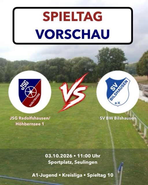 HEIMSPIEL SAMSTAG
🅰️ A1 empfängt um 11:00 Uhr in Seulingen den Tabellenführer aus Bilshausen 🔥
🅱️ B1 empfängt um 16:30 Uhr in Diemarden die JSG Weser Solling⚽️
C. C1 empfängt um 13:30 Uhr in Landolfshausen Tuspo Petershütte 🏟️
#landolfshausen #seulingen #jsgradolfshausen #nachwuchs #heimspiel